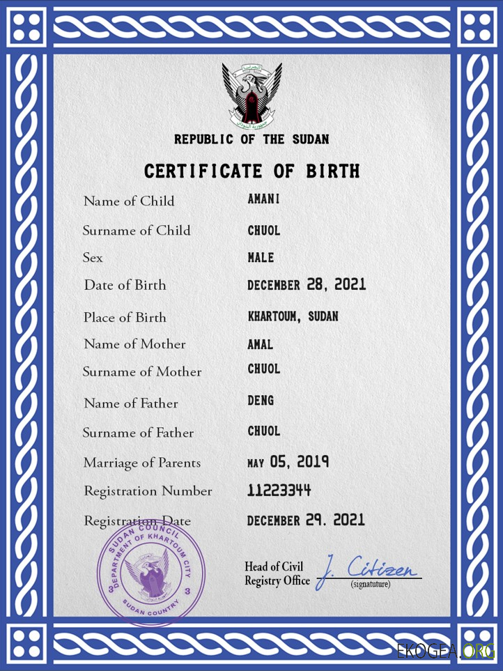 Modèle PSD de certificat de naissance de l'état civil du Soudan